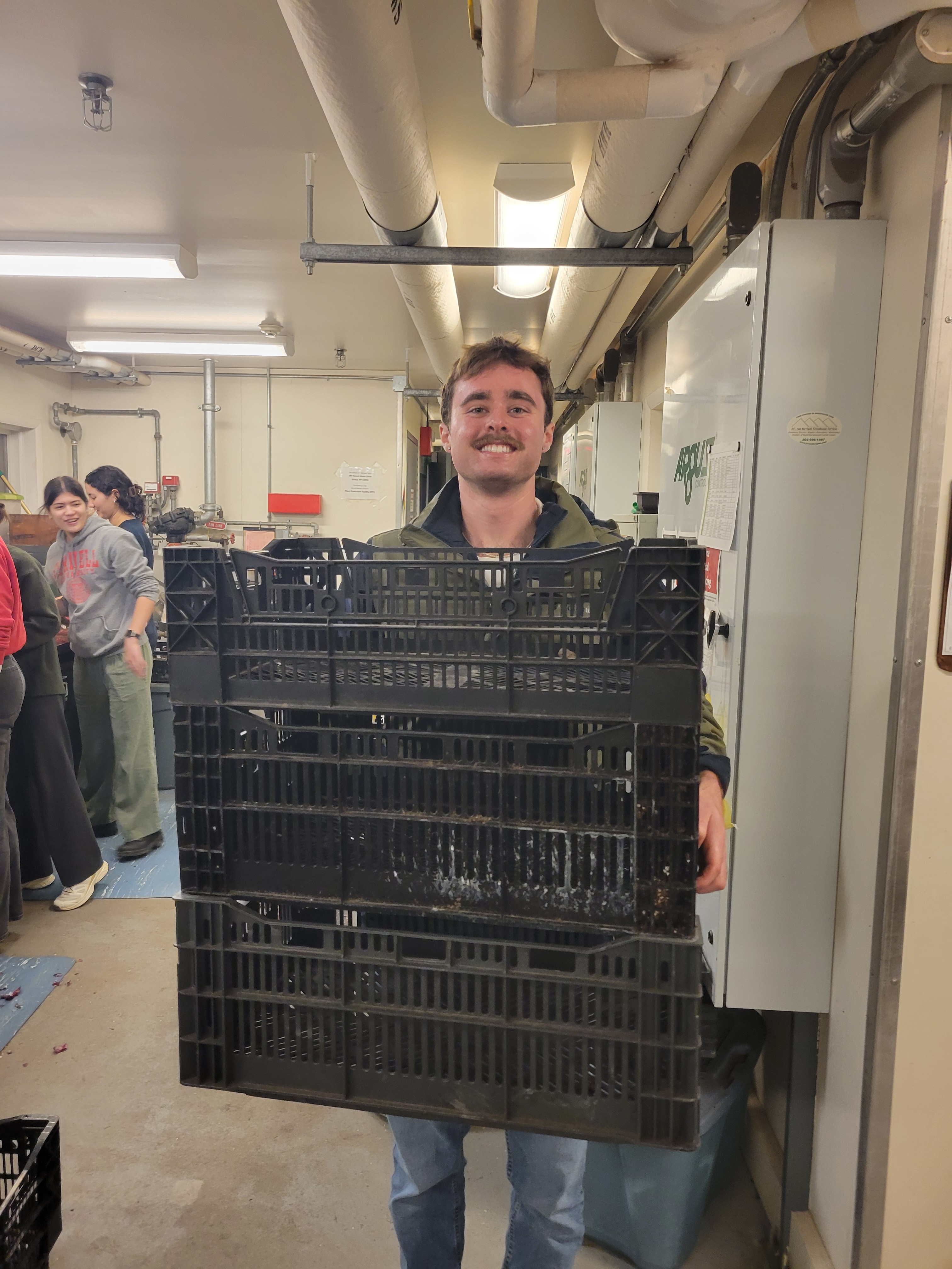 Student holding crates of bulbs