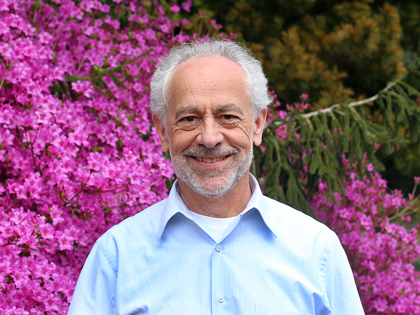 Image of male in front of bring pink rhododendrons