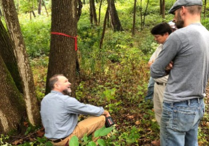 Three people talking near a tree