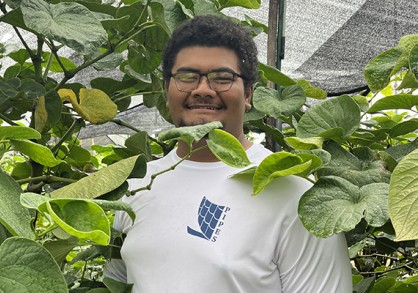 young man with short black hair standing among leaves of a fruit tree