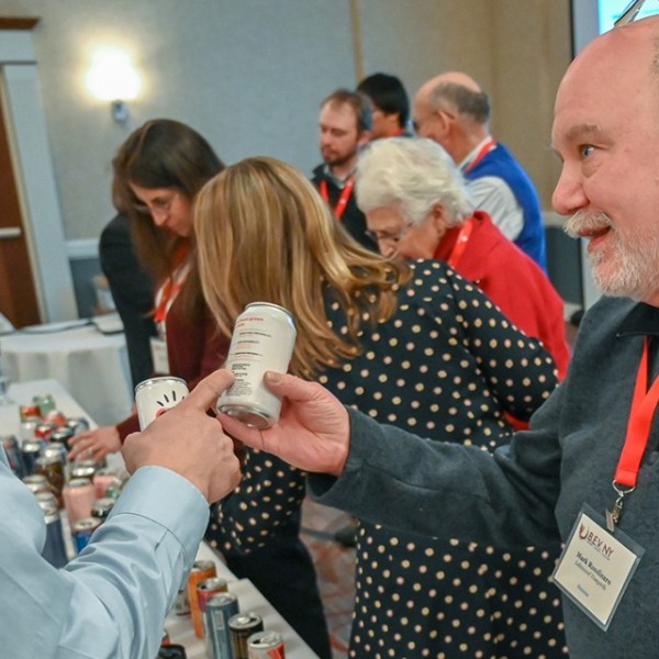 Mark Rondinaro explores canned wine receptacle options at the 2019 B.E.V. NY Conference in Henrietta, N.Y