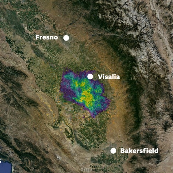 satellite image of California, including Fresno, Visallia, and Bakersfield