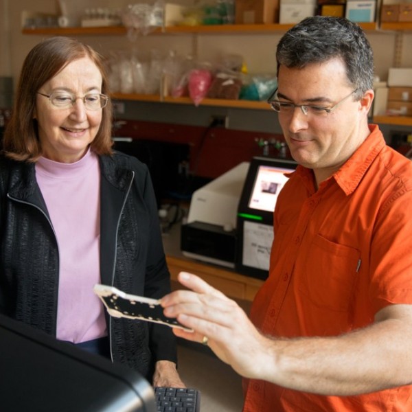 Scientists inspect a high-throughput DNA sequencer in the Biotechnology Resource Center.
