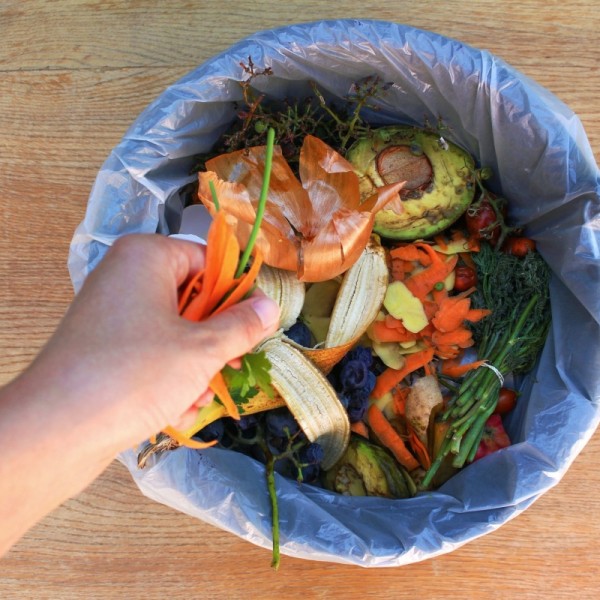hand putting trash in garbage can