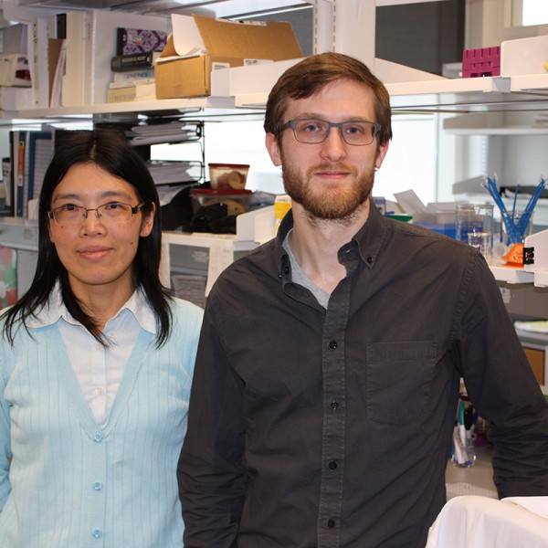 Peter Sullivan and Fenghua Hu posing in lab.