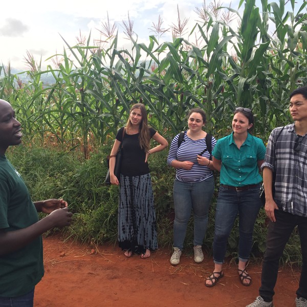 Ana Canedo Guichard, second from left, and other members of a Student Multidisciplinary Applied Research Team study the operations of small and medium agro-businesses in East Africa in January 2016