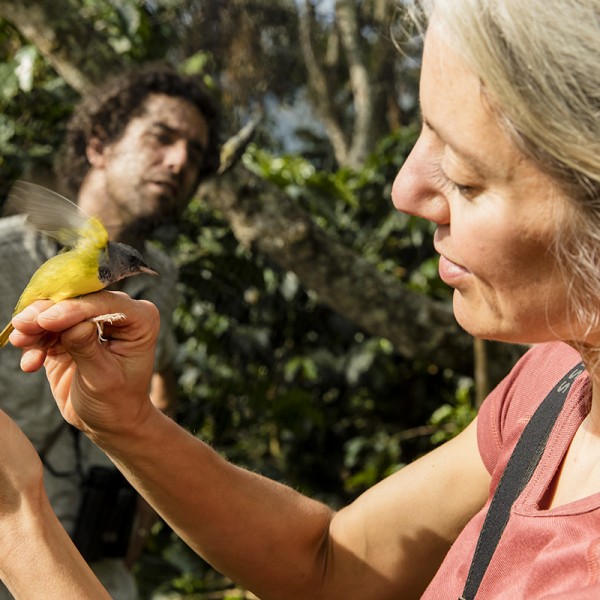 professor holds a bird in her hand while someone looks on