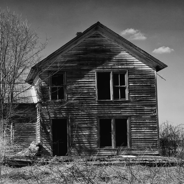 A black and white photo of an abandoned house with a leaf-less tree in front of it 