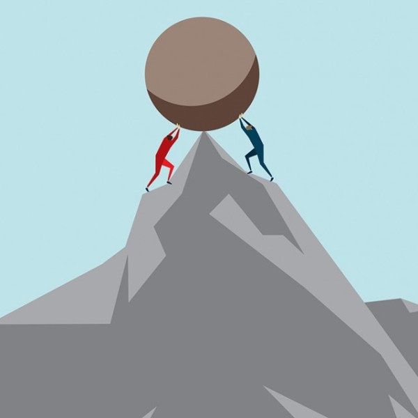 Graphic of figures holding up two sides of a boulder on a mountain top