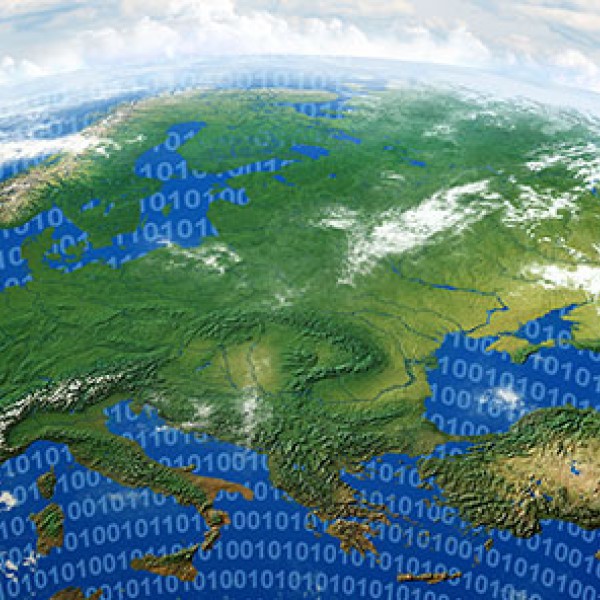A graphic of the earth with 0's and 1's written over it