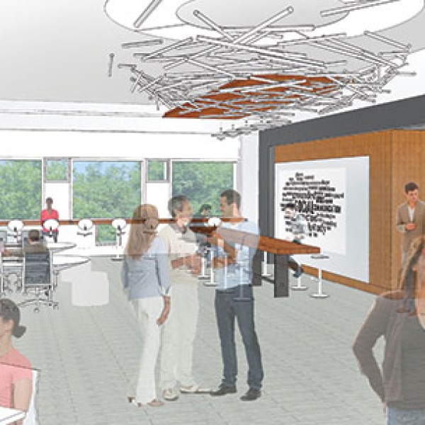 A design for the new department of communication space in mann library that depicts people standing around and sitting at tables in a large open space