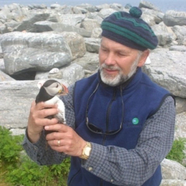 A man holds a puffin