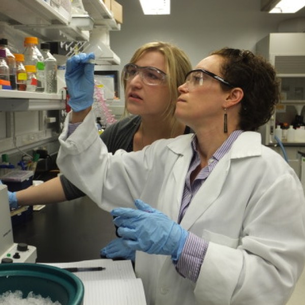 Two women examine a sample in the laboratory