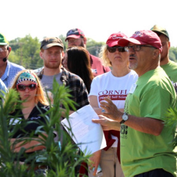 A group of people stand in a field