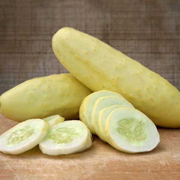 Two whole cucumbers and cucumber slices in front of them on a wooden table