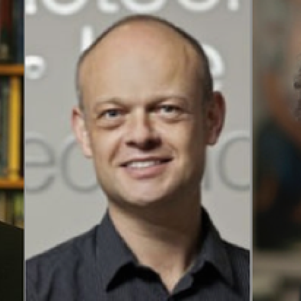 A photo collage of three photos; two headshots of men and one headshot of a woman