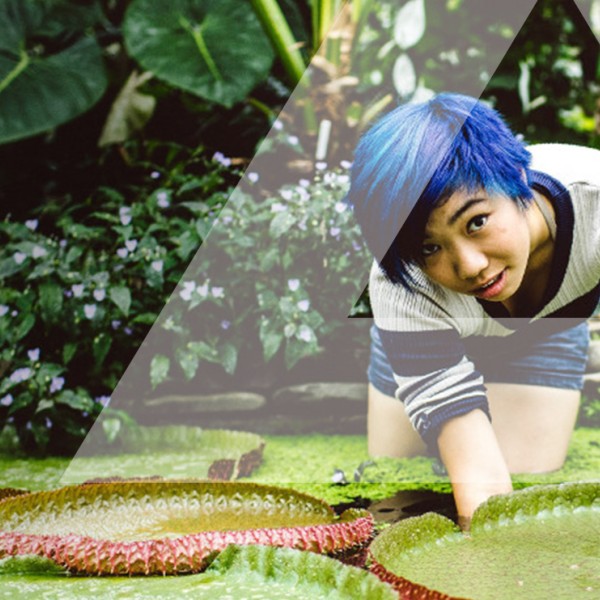 A young woman with short blue hair stands in a greenhouse pond and leans over a giant lily pad
