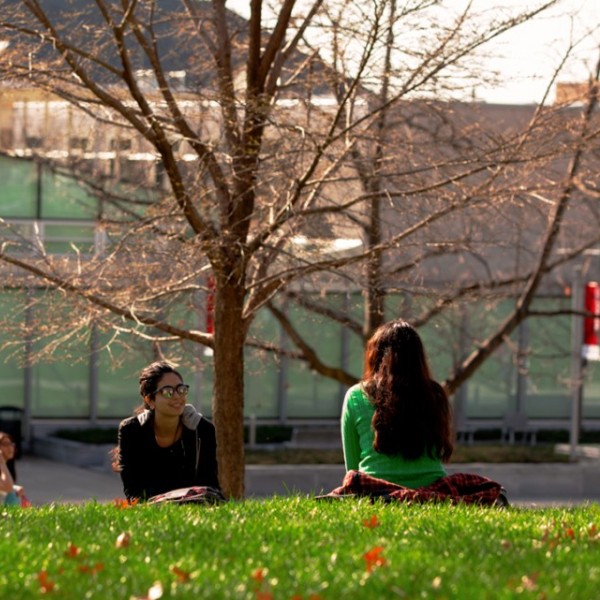 Two students sit on green lawn in front of Klarman Hall on a fall day