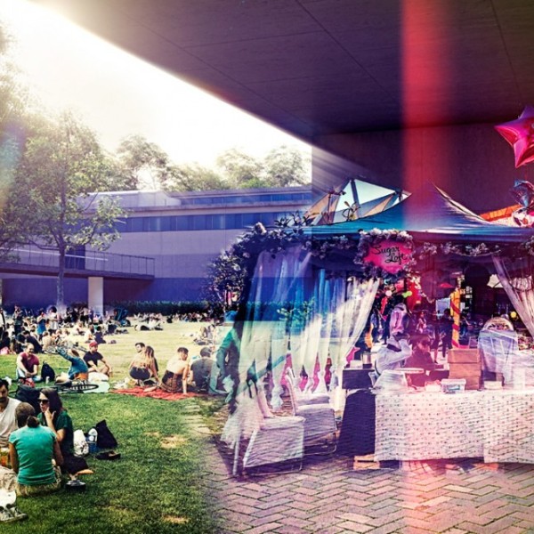 A fantastical view of a park where a catering tent is overlaid against the regular park, showing what could be there.