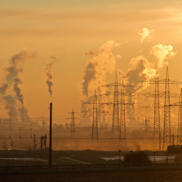 Powerlines and smog at sunset