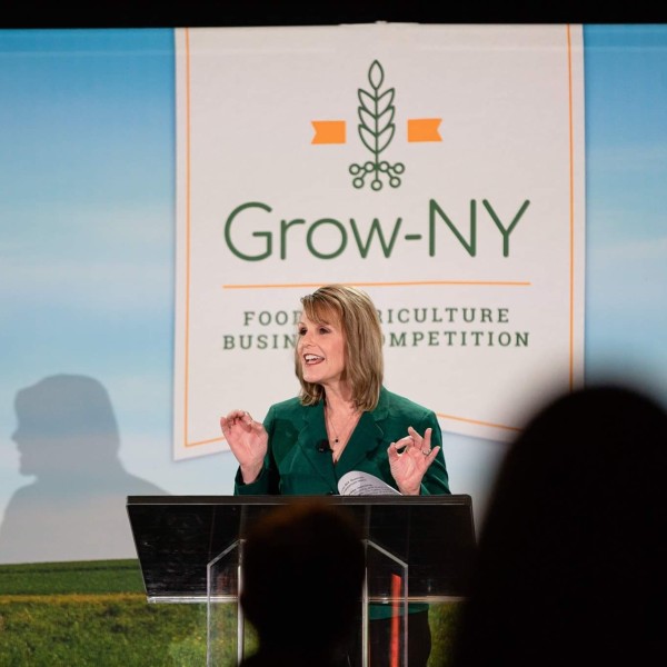 Cathy Young speaks to a crowd in front of a Grow-NY sign.