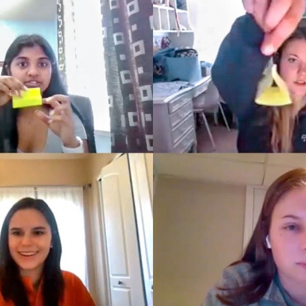 Four screens are shared as students work from home