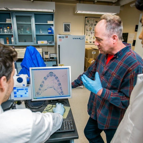 Three men standing around a computer screen in a lab talking 