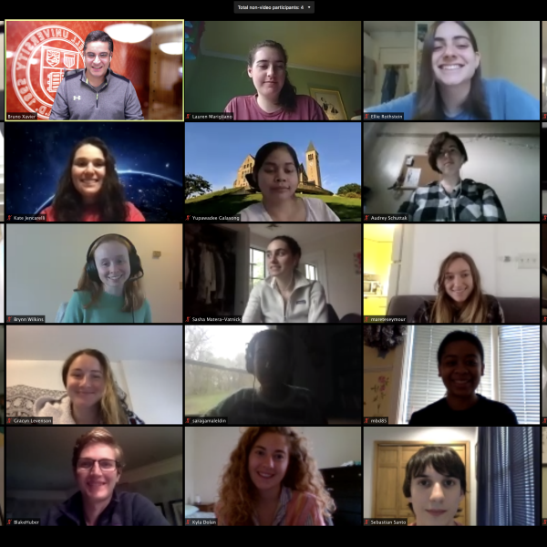 A video conference call of thirty-five students
