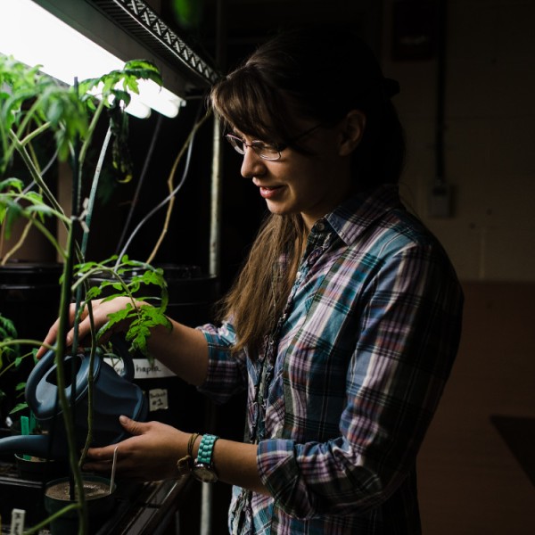 A woman watering plants indoors