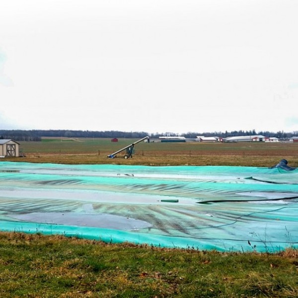A farm with a big, green cover on the ground