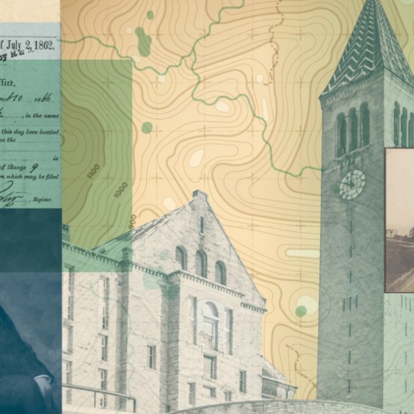 historical images of Cornell campus overlaid with a map