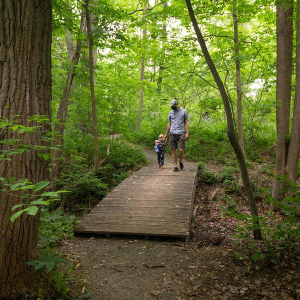 A man and his young daughter walk through the woods wearing cloth face masks