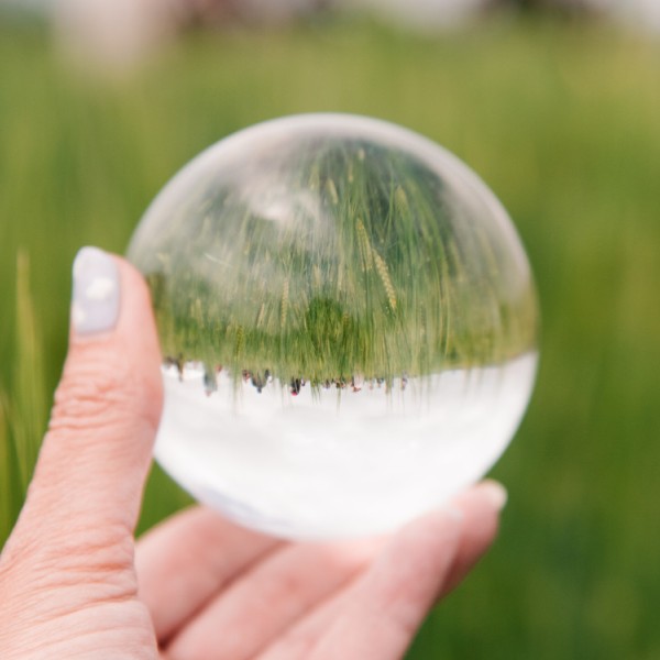Spherical glass inverts image of people standing in a field