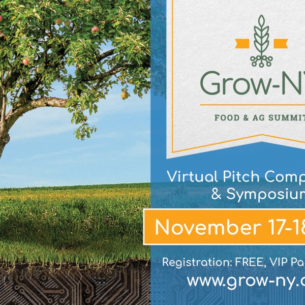 An apple tree outside against a blue sky with a banner that says "Grow-NY Food & Ag Summit: Virtual Pitch Competition & Symposium - November 17-18, 2020. Registration: FREE, VIP Package: $75. www.grown-ny.com 