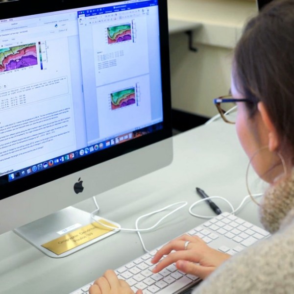A student sitting at a desk working on a computer