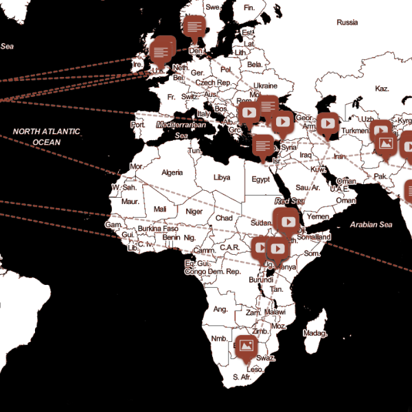 Illustration of the world with icons and lines connecting continents 