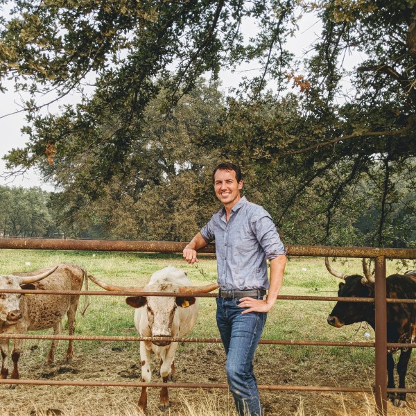 Dean Ben Houlton leaning on a fence with cattle in the background