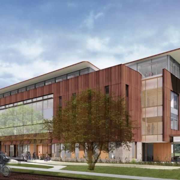 A rendering of a large, brown building 