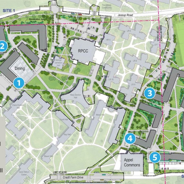 A map of Cornell's north campus indicating where the new residence halls will be