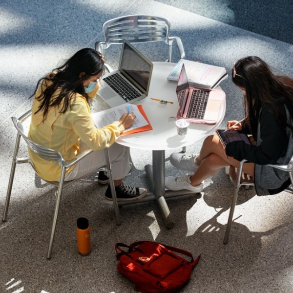 Two students sitting indoors and working at a table