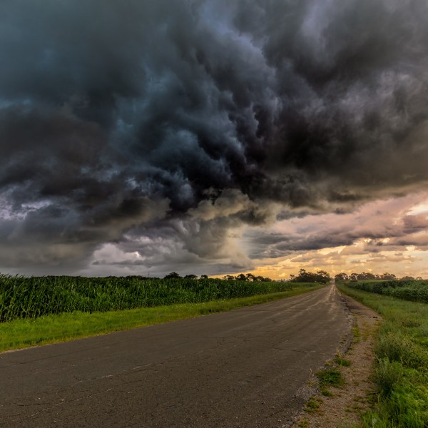 thunderstorm approaches cornfields