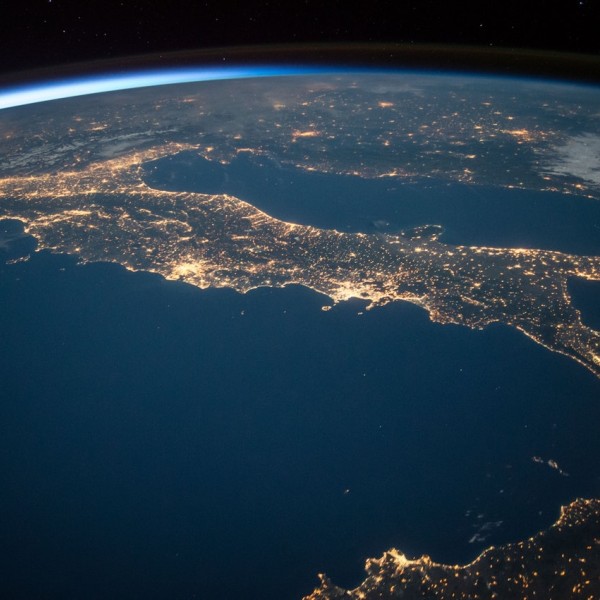 View from above of Earth showing city lights