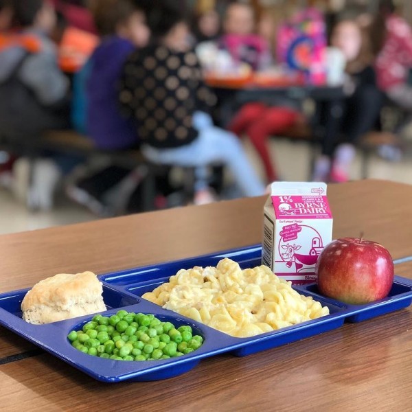 School Lunch tray with milk, peas, apple, pasta, roll