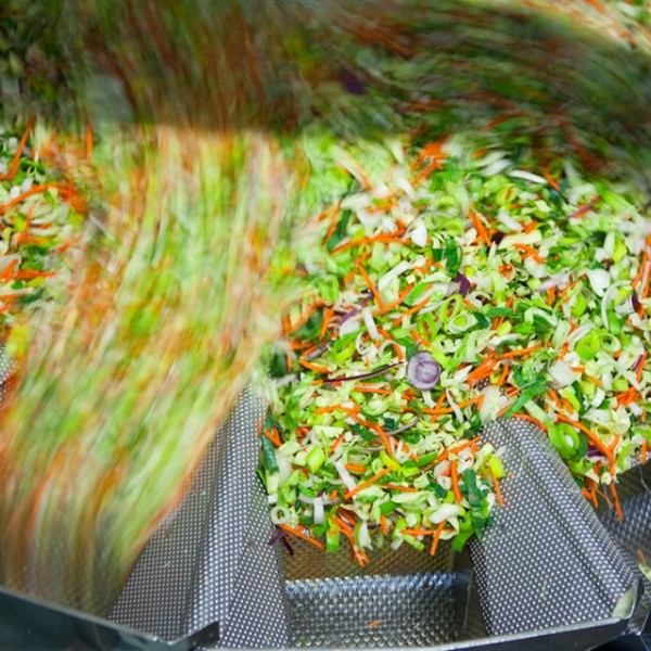 A factory food processor spitting out chopped salad