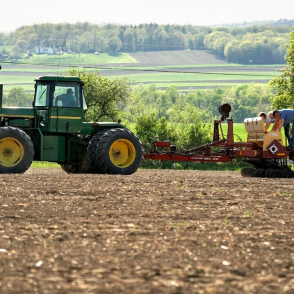 Farmers on a tractor planting chickpeas in a field 