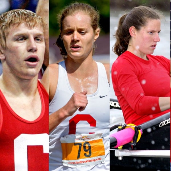 Two women and three men participating in athletics while wearing Cornell gear