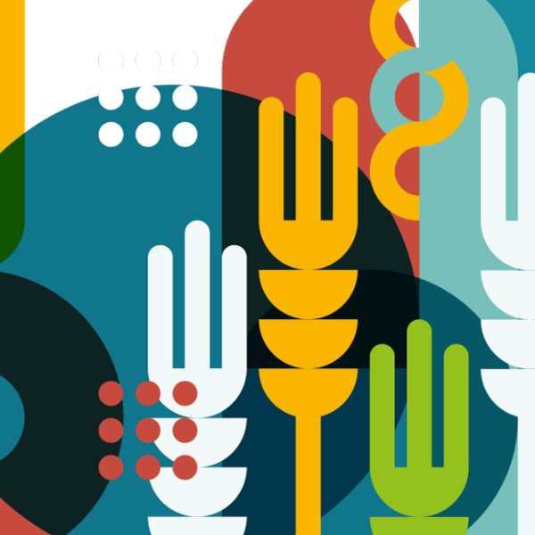 Colorful graphic with representations of wheat
