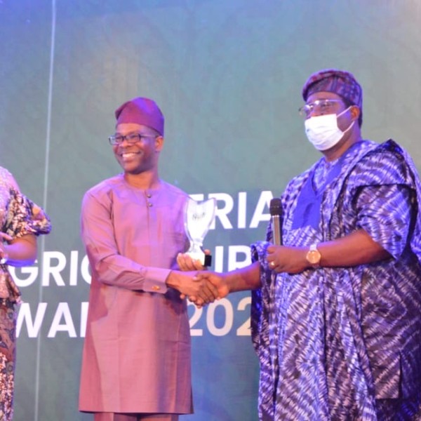 Three people at an award reception on a stage