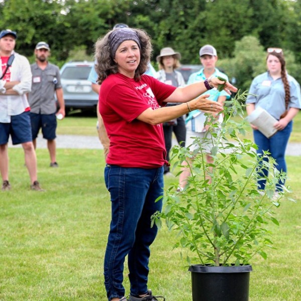 Lynn Sosnoskie standing in front of a group of people outside next to a weed and talking about it.