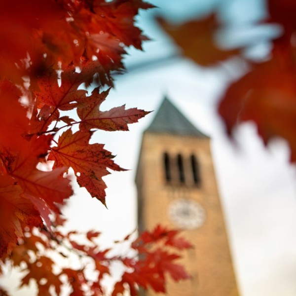 McGraw Tower is surrounded by red autumn leaves